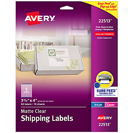 Avery® Matte Shipping Labels With Sure Feed® Technology, 22513, Rectangle, 3-1/3" x 4", Clear, Pack Of 60