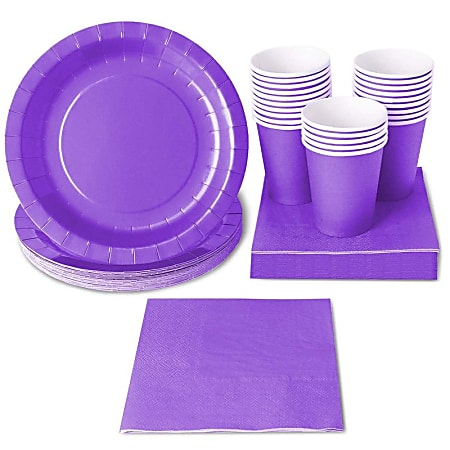Purple Party Supplies - 24-Set Paper Tableware - Disposable Dinnerware Set For 24 Guests, Including Paper Plates, Napkins And Cups, Purple