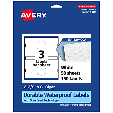 Avery® Waterproof Permanent Labels With Sure Feed®, 94117-WMF50, Cigar, 2-3/8" x 8", White, Pack Of 150