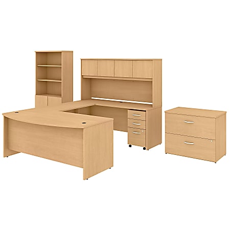 Bush Business Furniture Studio C 72"W x 36"D U-Shaped Desk With Hutch, Bookcase And File Cabinets, Natural Maple, Premium Installation