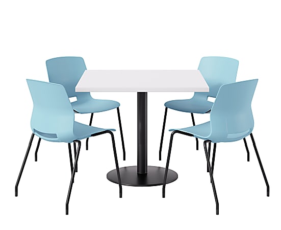 KFI Studios Proof Cafe Pedestal Table With Imme Chairs, Square, 29”H x 42”W x 42”W, Designer White Top/Black Base/Sky Blue Chairs