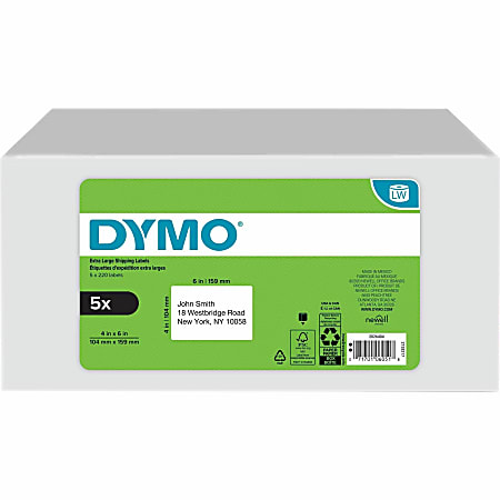 Dymo® LabelWriter XL Shipping Labels, 4" x 6", Rectangle, White, 220 Labels Per Roll, Pack Of 5 Rolls
