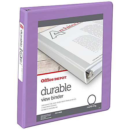 Office Depot® 3-Ring Durable View Binder, 1" Round Rings, 49% Recycled, Purple
