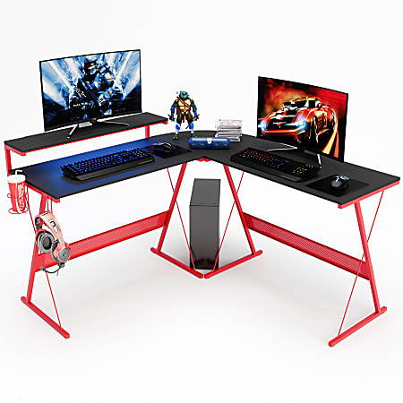 Bestier L-Shaped RGB Gaming Desk With Monitor Stand & Multi-Function Hooks, 56"W, Black/Red