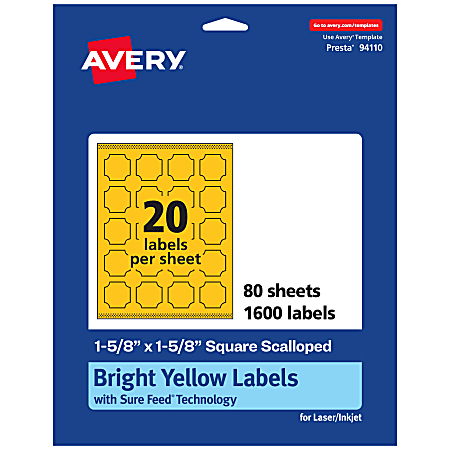 Avery® Print-To-The-Edge Labels With Sure Feed® Technology, 94110-BYP80, Square Scalloped, 1-5/8" x 1-5/8", Matte Bright Yellow, Pack of 1600