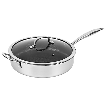 Brentwood 3-Ply Hybrid Stainless Steel Non-Stick Induction-Compatible Deep Sauté Pan with Glass Lid, 11”, Silver