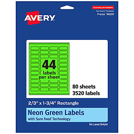 Avery® Print-To-The-Edge Labels With Sure Feed® Technology And Easy Peel®, 94209-NGP80, Rectangle, 2/3" x 1-3/4", Matte Neon Green, Pack of 3520