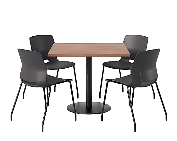 KFI Studios Proof Cafe Pedestal Table With Imme Chairs, Square, 29”H x 36”W x 36”W, River Cherry Top/Black Base/Black Chairs