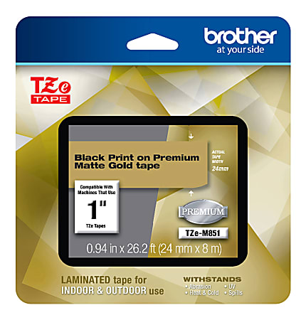 Brother TZE Premium Matte Laminated Tape, 0.94" x 26.2', Black/Gold