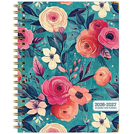 2026-2027 Excello Brands 14-Month Academic Year Hardcover Weekly/Monthly Fashion Planner, 8-1/2" x 11", Teal Floral, May To June, Total Qty 1