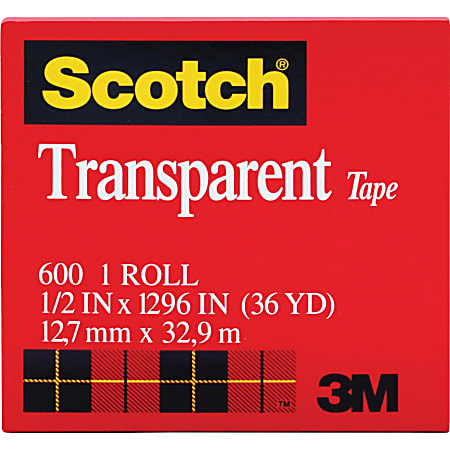 Scotch Transparent Tape - 1/2"W - 36 yd x 0.50"- 1" Core - Clear - Moisture Resistant, Stain Resistant, Long Lasting -  - 600121296PK