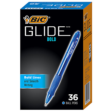 BIC Glide Bold Ballpoint Pens, Bold Point, 1.6 mm, Translucent Barrel, Blue Ink, Pack Of 36