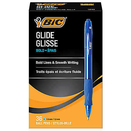 BIC Glide Bold Ballpoint Pens, Bold Point, 1.6 mm, Translucent Barrel, Blue Ink, Pack Of 36