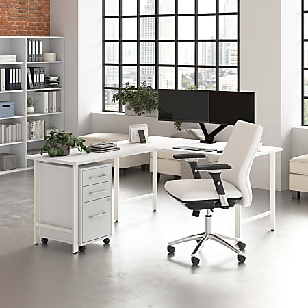 Bush Business Furniture Hustle 60"W L-Shaped Corner Computer Desk with 3 Drawer Mobile File Cabinet, White, Standard Delivery Service
