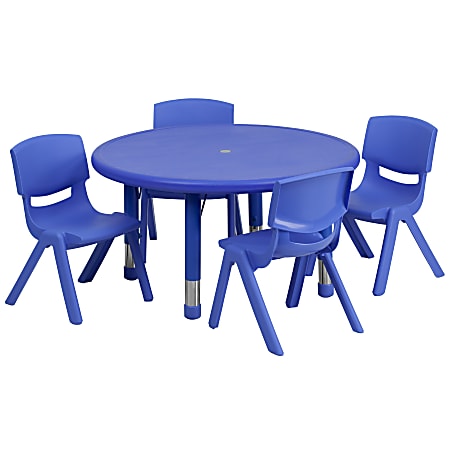 Flash Furniture Round Plastic Height-Adjustable Activity Table Set With 4 Chairs, 23-3/4" x 33", Blue
