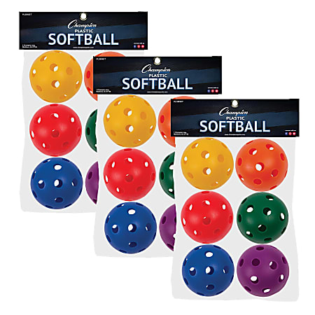 Champion Sports Plastic Softballs, Assorted Colors, 6 Balls Per Set, Pack Of 3 Sets