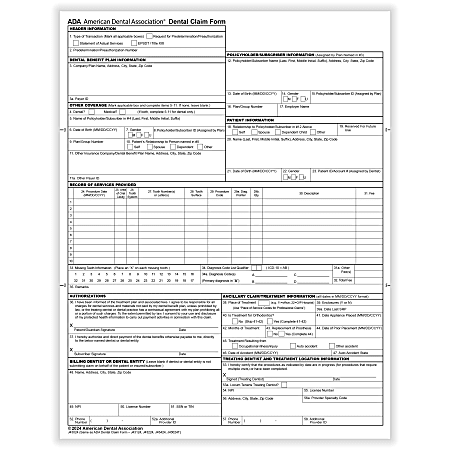 ComplyRight® ADA Dental Claim Forms (2024 Version), Laser, 8-1/2" x 11", Pack Of 100 Forms