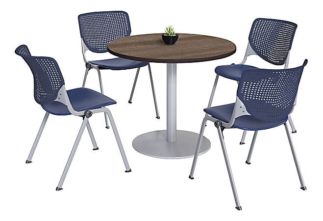 KFI Studios KOOL Round Pedestal Table With 4 Stacking Chairs, Studio Teak/Navy