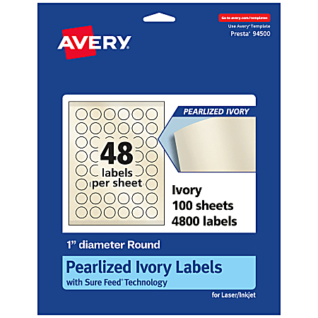 Avery® Pearlized Permanent Labels With Sure Feed®, 94500-PIP100, Round, 1" Diameter, Ivory, Pack Of 4,800 Labels