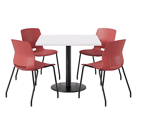 KFI Studios Proof Cafe Pedestal Table With Imme Chairs, Square, 29”H x 36”W x 36”W, Designer White Top/Black Base/Coral Chairs