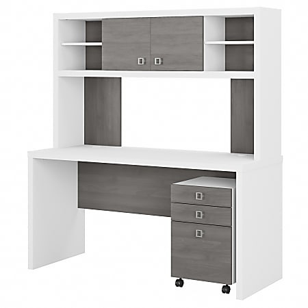 Bush Business Furniture Echo 60"W Credenza Computer Desk With Hutch And Mobile File Cabinet, Pure White/Modern Gray, Standard Delivery