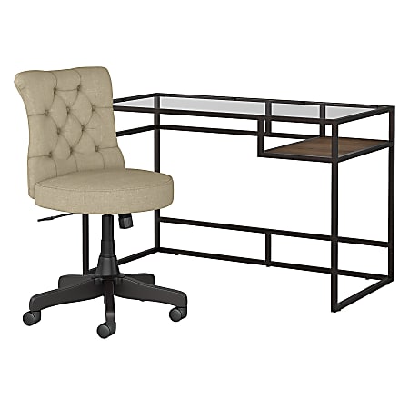 Bush Furniture Anthropology 48"W Glass Top Writing Desk With Mid-Back Tufted Office Chair, Rustic Brown Embossed, Standard Delivery