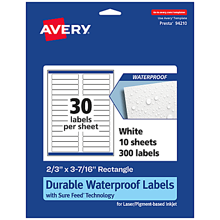 Avery® Waterproof Permanent Labels With Sure Feed®, 94210-WMF10, Rectangle, 2/3" x 3-7/16", White, Pack Of 300