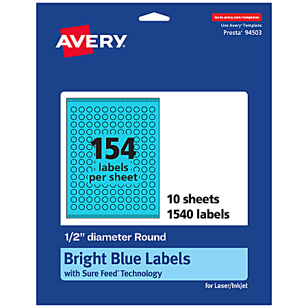 Avery® Print-To-The-Edge Labels With Sure Feed® Technology And Easy Peel® Label Feature, 94503-BBP10, Round, 1/2", Matte Bright Blue, Pack of 1540