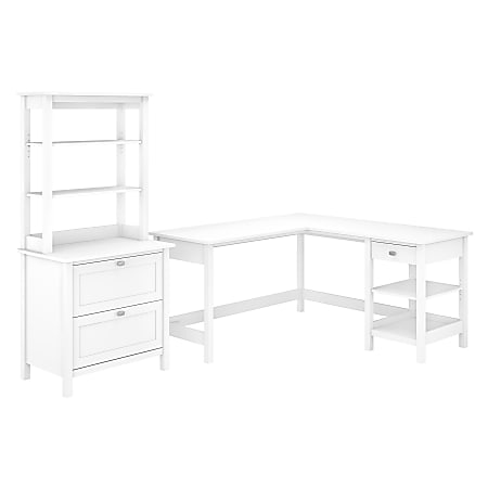 Bush Furniture Broadview 60"W L-Shaped Computer Desk With Lateral File Cabinet And Hutch, Pure White, Standard Delivery