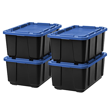 IRIS Stackable Storage Totes with Lids, 27-Gallon, Black, Total Qty 4