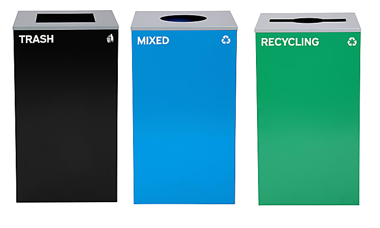 Alpine Industries Stainless-Steel Open Top Mixed Recycling And Trash Can Set, 29 Gallons,Black/Blue/Green - ALP4450-BLK-KIT40