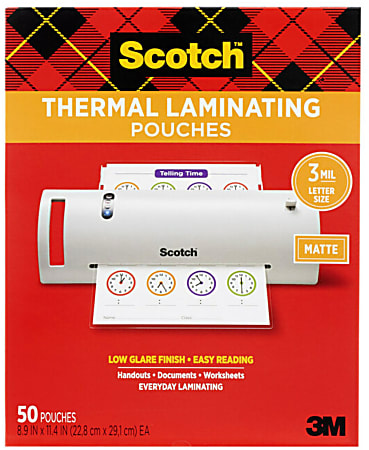 Scotch® Thermal Laminating Pouches, 8-15/16" x 11-7/16", Matte, Clear, 50 Laminating Pouches