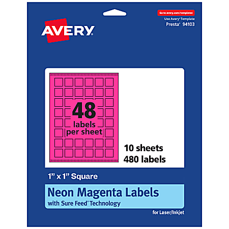 Avery® Print-To-The-Edge Labels With Sure Feed® Technology And Easy Peel® Label Feature, 94103-NMP10, Square, 1" x 1", Matte Neon Magenta, Pack of 480