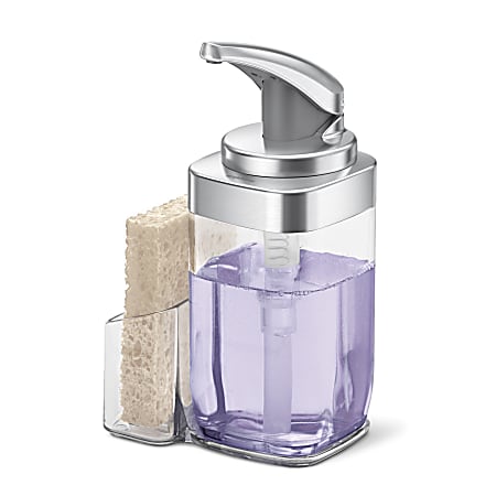 simplehuman Square Push Soap Pump With Sponge Caddy, 8-3/4”H x 5-1/8”W x 4-5/16”D, Brushed Nickel