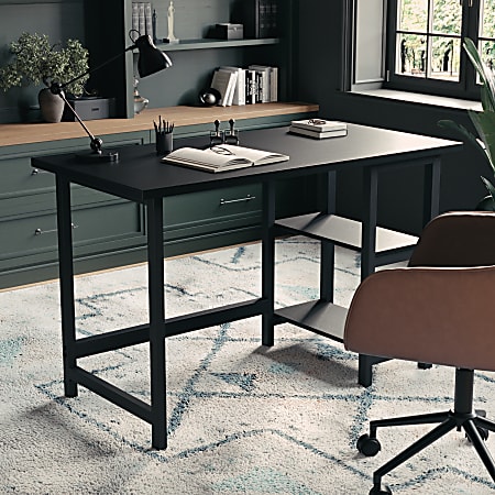 Martha Stewart Beckett 47.5"W Home Office Trestle Computer Desk With Shelves, Black Wood Grain