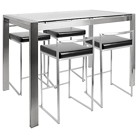 Lumisource Fuji Counter-Height Table With 4 Stools, Black/Stainless Steel