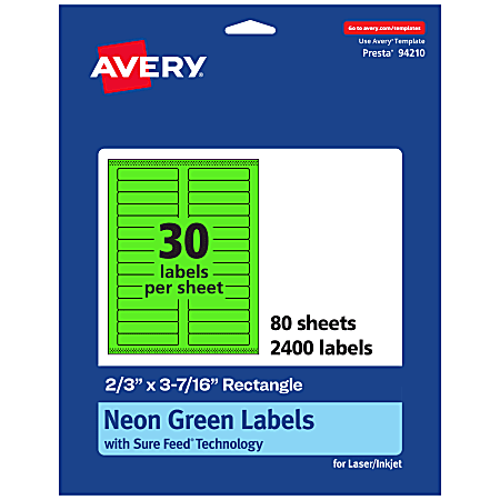 Avery® Printable Labels With Sure Feed® Technology, 94210-NGP80, Rectangle, 2/3" x 3-7/16", Matte Neon Green, Pack of 2400