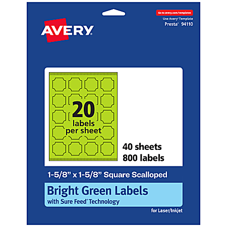 Avery® Print-To-The-Edge Labels With Sure Feed® Technology, 94110-BGP40, Square Scalloped, 1-5/8" x 1-5/8", Matte Bright Green, Pack of 800