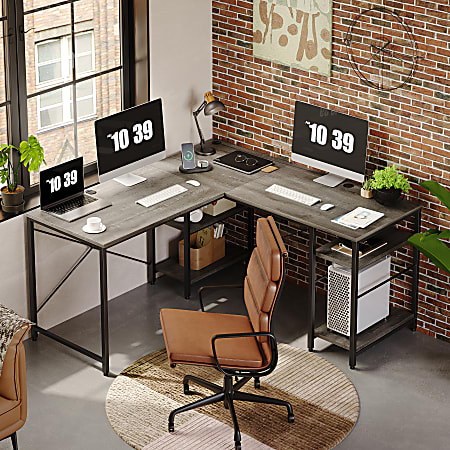 Bestier L-Shaped Corner Computer Desk With Storage Shelf, And Cable Management, 60"W, Dark Retro Gray Oak