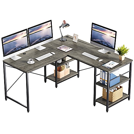 Industrial L-Shaped Desk with Storage Shelves, Corner Computer