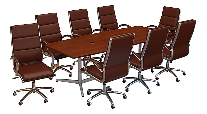 Bush Business Furniture 96"W x 42"D Boat Shaped Conference Table with Metal Base and Set of 8 High Back Office Chairs, Hansen Cherry, Standard Delivery