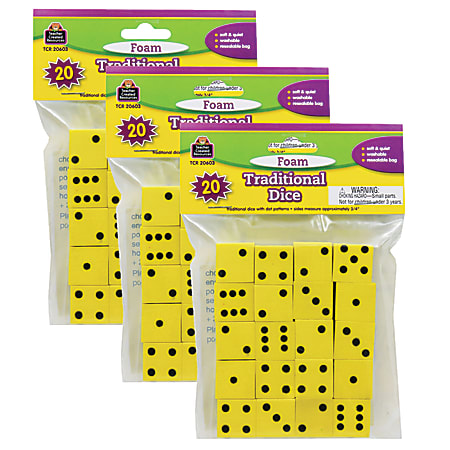 Teacher Created Resources Foam Traditional Dice, 3/4", Yellow, Grades K-4, 20 Dice Per Pack, Case Of 3 Packs