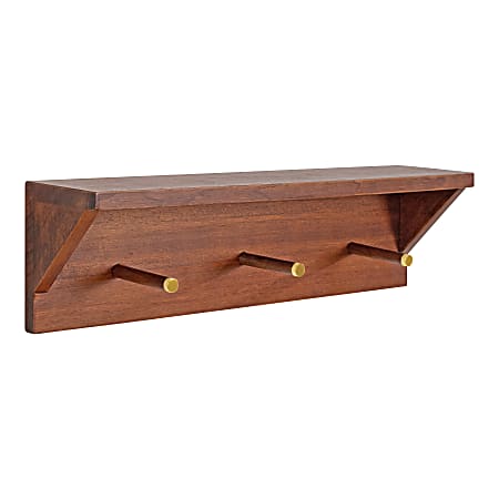 Kate and Laurel Hinter Shelf with Pegs, 5”H x 18”W x 4”D, Walnut Brown