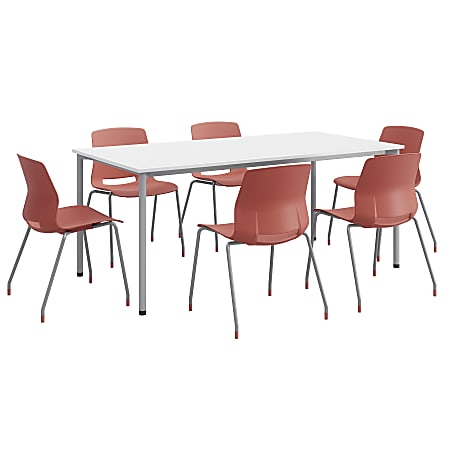KFI Studios Dailey Table Set With 6 Poly Chairs, White/Silver Table/Coral Chairs