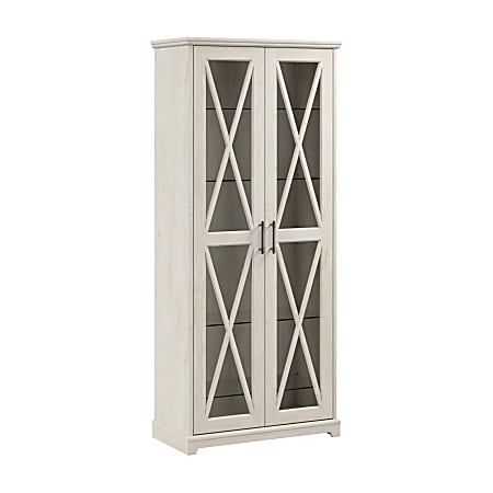 Bush® Furniture Lennox Farmhouse Curio Cabinet With Glass Doors And Shelves, Linen White Oak, Standard Delivery