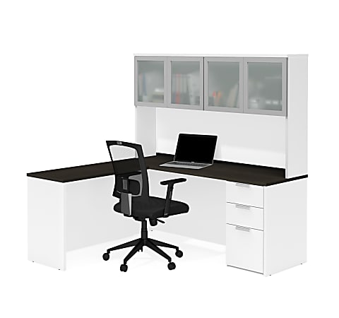 Bestar Pro-Concept Plus 72"W L-Shaped Corner Desk With Pedestal And Frosted Glass-Door Hutch, White/Deep Gray