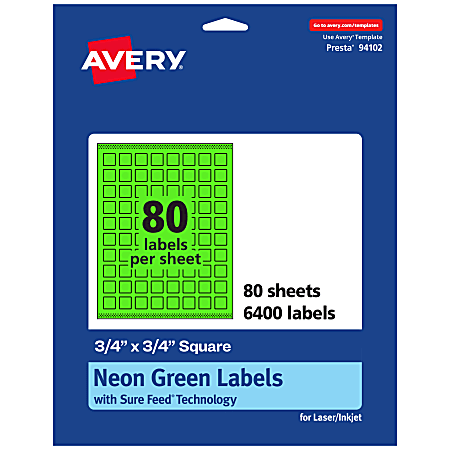 Avery® Print-To-The-Edge Labels With Sure Feed® Technology And Easy Peel®, 94102-NGP80, Square, 3/4" x 3/4", Matte Neon Green, Pack of 6400