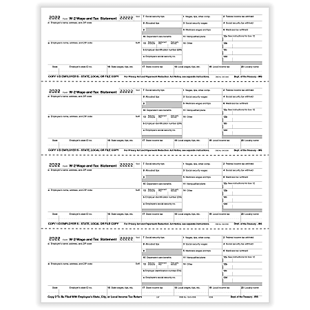 ComplyRight™ W-2 Tax Forms, 4-Up (Horizontal Format), Employer's Copies 1/D, 1/D, 1/D, 1/D, Laser, 8-1/2" x 11", Pack Of 50 Forms