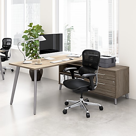 WorkPro® Motiva 72"W Modern Corner Desk With Drawers And Shelves, Modern Hickory, Standard Delivery