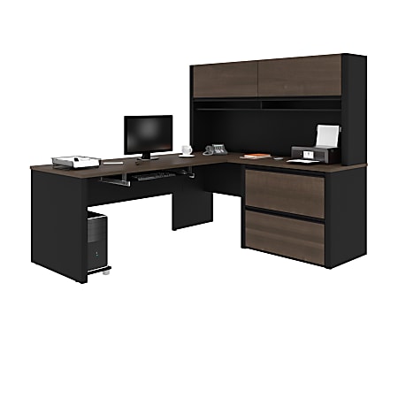 Bestar Connexion 72"W L-Shaped Corner Desk With Hutch And Lateral File Cabinet, Antigua/Black